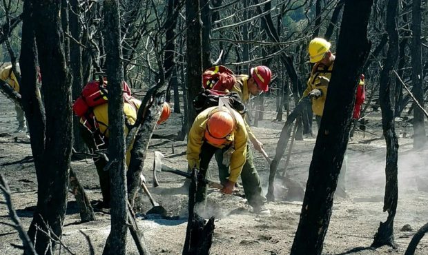 Firefighters work to put out hot spots on the massive Brianhead fire...