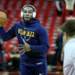 Utah Jazz forward Jae Crowder (99) warms up prior to the Utah Jazz and the Houston Rockets playing game one of the NBA semifinals in Houston on Sunday, April 29, 2018. (Scott G. Winterton, Deseret News) 