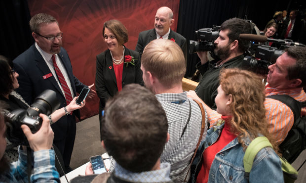 Newly appointed University of Utah President Ruth V. Watkins speaks to news media after her appoint...