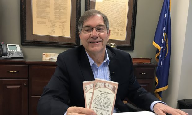 Layton Mayor Bob Stevenson holds his tickets from the Sunday afternoon session of General Conferenc...