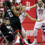Utah Jazz guard Dante Exum (11) takes the ball away from Houston Rockets guard James Harden (13) as the Utah Jazz and the Houston Rockets play game two of the NBA playoffs at the Toyota Center in Houston on Wednesday, May 2, 2018. (Photo: Scott G. Winterton, Deseret News) 