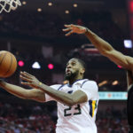 Utah Jazz forward Royce O'Neale (23) goes to the basket with Houston Rockets guard James Harden (13) trailing as the Utah Jazz and the Houston Rockets play game two of the NBA playoffs at the Toyota Center in Houston on Wednesday, May 2, 2018. (Photo: Scott G. Winterton, Deseret News) 
