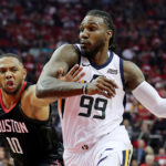 Utah Jazz forward Jae Crowder (99) drives to the hoop with Houston Rockets guard Eric Gordon (10) defending as the Utah Jazz and the Houston Rockets play game two of the NBA playoffs at the Toyota Center in Houston on Wednesday, May 2, 2018. (Photo: Scott G. Winterton, Deseret News) 