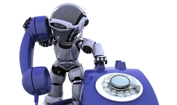 3D render of robot with a traditional telephone...