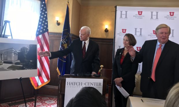 Sen. Orrin Hatch points to a rendering of the planned Orrin G. Hatch Center for bipartisanship and ...