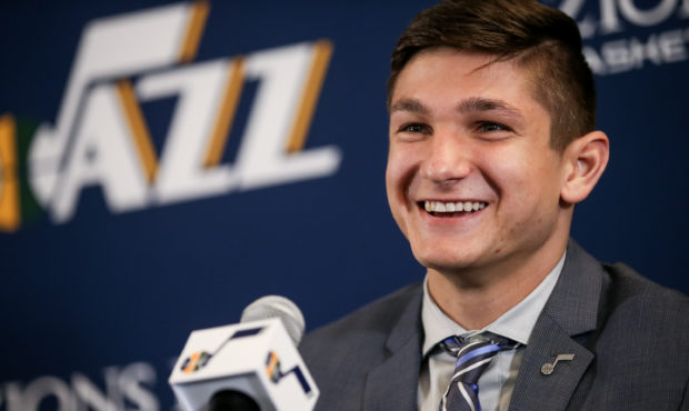 Grayson Allen, the Utah Jazz's first-round pick at the NBA draft, is introduced at a press conferen...