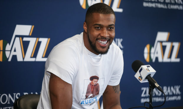 Utah Jazz forward Derrick Favors talks to journalists at the Zions Bank Basketball Center in Salt L...