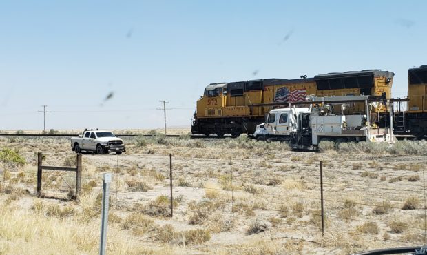 A Union Pacific engine sits idle on tracks north of Milford, Utah following a derailment on Aug. 31...