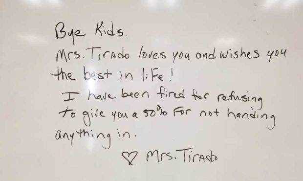 A Florida teacher left this message on her whiteboard after losing her job for giving a student a "...