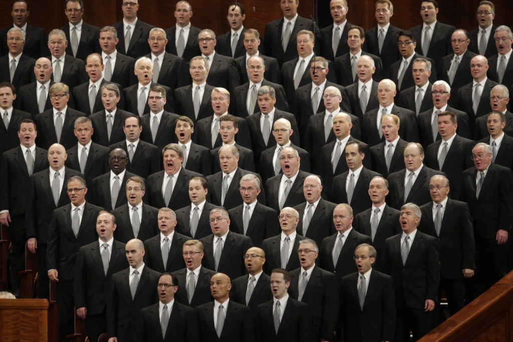 FILE - In this April 2, 2016, file photo, The Mormon Tabernacle Choir performs during the opening session of the two-day Mormon church conference in Salt Lake City. The well-known Mormon Tabernacle Choir was renamed Friday, Oct. 5, 2018, to strip out the word Mormon in a move showing the faith's new president is serious about ending shorthand names for the religion that have been used for generations by church members and previously promoted by the church. The gospel singing group will now be called "The Tabernacle Choir at Temple Square," The Church of Jesus Christ of Latter-day Saints said in a statement. (AP Photo/Rick Bowmer, File)