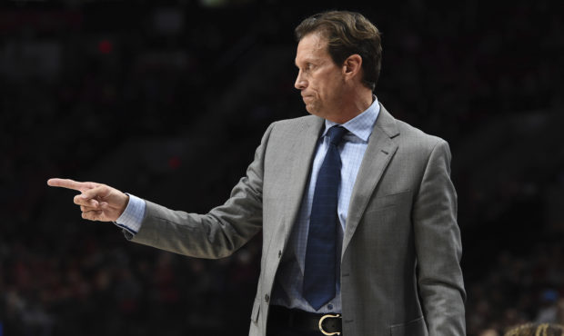 Utah Jazz head coach Quin Snyder directs his team during the first half of an NBA basketball game a...