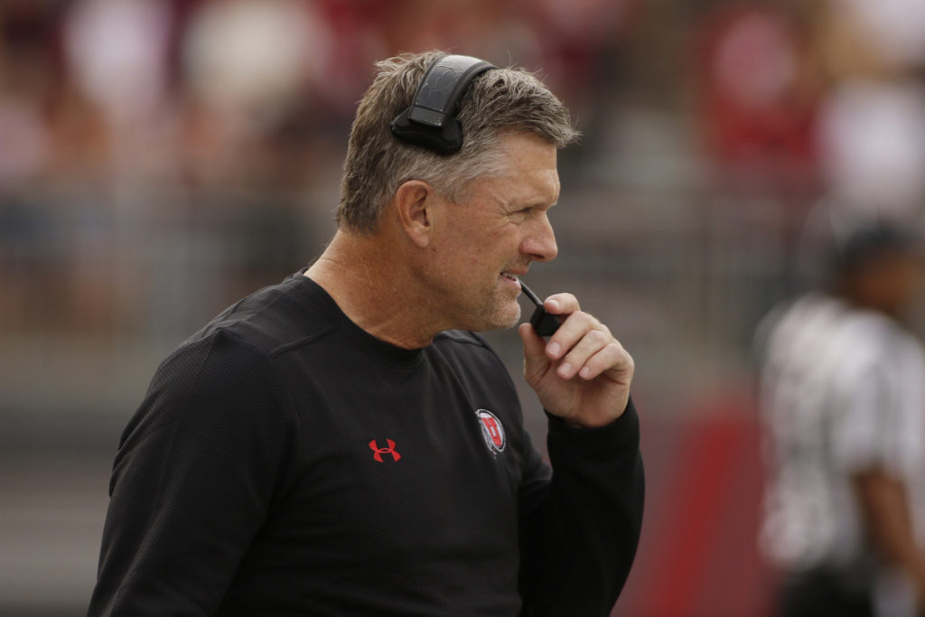 NCAA Football Utes head coach Kyle Whittingham looks on during the first half of an NCAA college football game against Washington State in Pullman, Wash., Saturday, Sept. 29, 2018. (AP Photo/Young Kwak)
