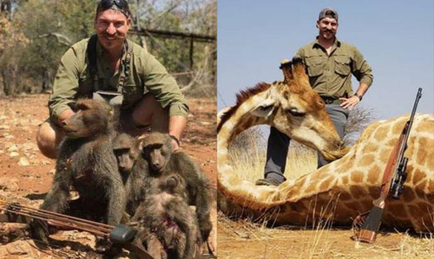 Idaho Fish and Game commissioner Blake Fischer poses with four dead baboons and a giraffe after a g...