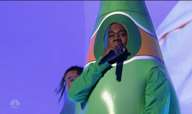 Kanye West, dressed as a Perrier bottle, during the aired portion of his SNL performance. September...