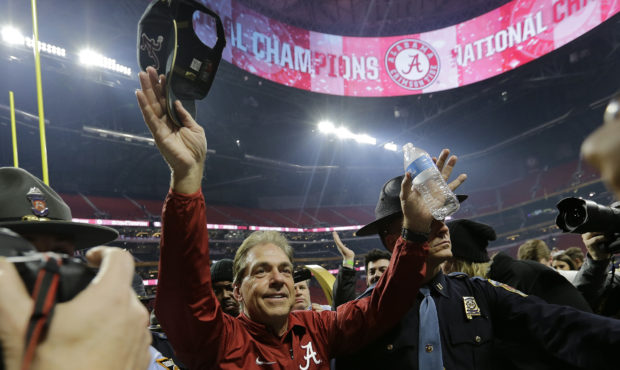 FILE - In this Jan. 8, 2018, file photo, Alabama head coach Nick Saban celebrates after overtime of...