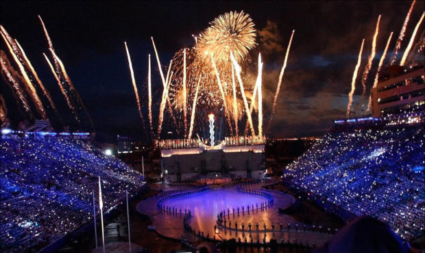 Fireworks explode during the 2002 Winter Olympic Games closing ceremony Sunday, Feb 24, 2002 at Ric...