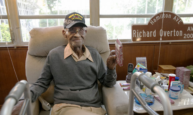 In this May 10, 2018 photo Richard Overton, the oldest living U.S. Veteran at the age of 111, is ba...
