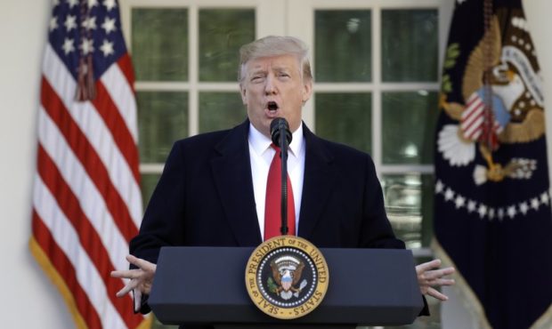 President Donald Trump speaks in the Rose Garden of the White House, Friday, Jan 25, 2019, in Washi...