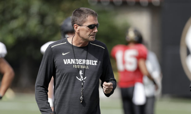 Vanderbilt offensive coordinator Andy Ludwig watches during an NCAA college football practice Thurs...