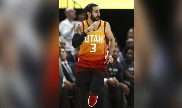 Utah Jazz guard Ricky Rubio (3) points to a teammate after scoring against the Portland Trail Blaze...