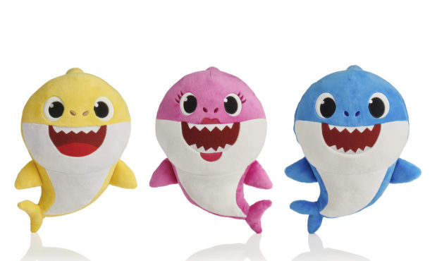 This picture shows the WowWee pinkfong Baby Shark family of singing plush toys. The viral song and ...