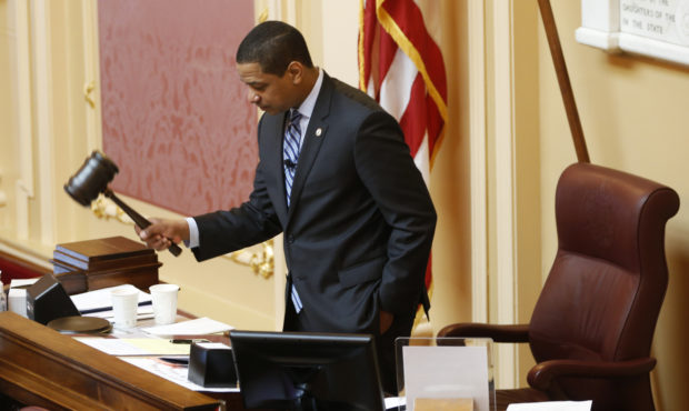 Virginia Lt. Gov. Justin Fairfax, gavels the session to order at the start of the Senate session at...