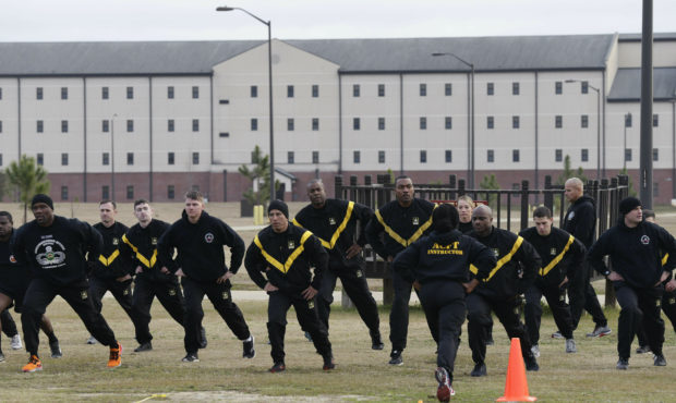 In this photo taken Tuesday, Jan. 8, 2019, U.S Army troops training to serve as instructors partici...