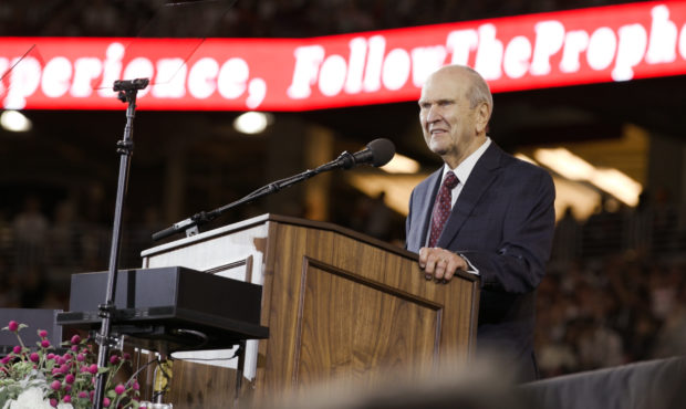 President Russell M. Nelson of The Church of Jesus Christ of Latter-day Saints speaks to attendees ...