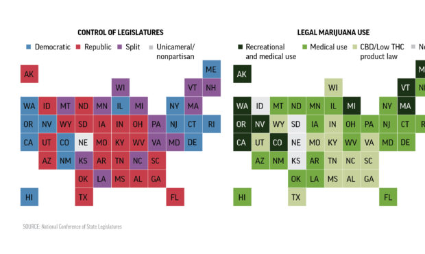 Map shows legal status of marijuana consumption by state. A second map shows the control of state l...