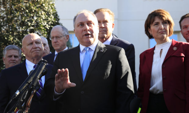Rep. Rep. Steve Scalise, R-La., center, together with Rep. Kevin Brady, R-Texas, left, and Rep. Cat...