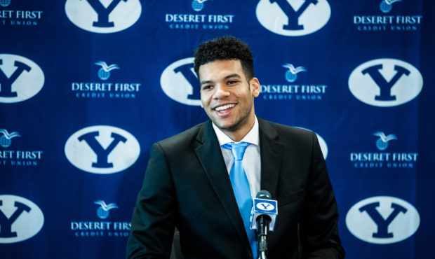 BYU basketball player Yoeli Childs speaks to the media during a press conference Thursday, May 30, ...