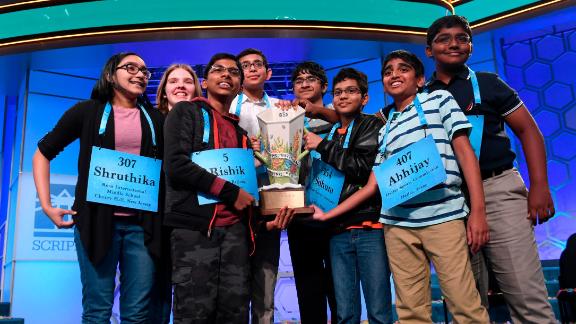In a historic tie, 8 students have won the Scripps National Spelling Bee...