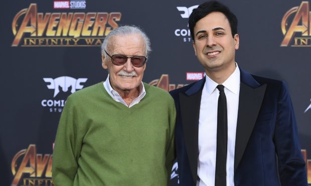 FILE - In this April 23, 2018, file photo, Stan Lee, left, and Keya Morgan arrive at the world prem...