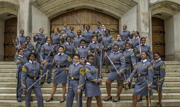 In this May 7, 2019 photo, black female cadets with the Class of 2019 pose at the U.S. Military Aca...