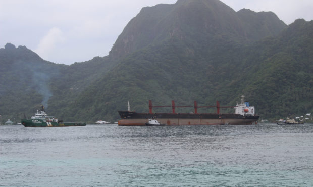 The North Korean cargo ship, Wise Honest, middle, was towed into the Port of Pago Pago in the late ...