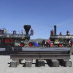 Jupiter, left, and Union Pacific No. 119, are shown during the commemoration of the 150th anniversary of the Transcontinental Railroad completion at the Golden Spike National Historical Park Friday, May 10, 2019, in Promontory, Utah. People from all over the country are gathering at a remote spot in Utah to celebrate Friday's 150th anniversary of the completion of the Transcontinental Railroad. (AP Photo/Rick Bowmer)