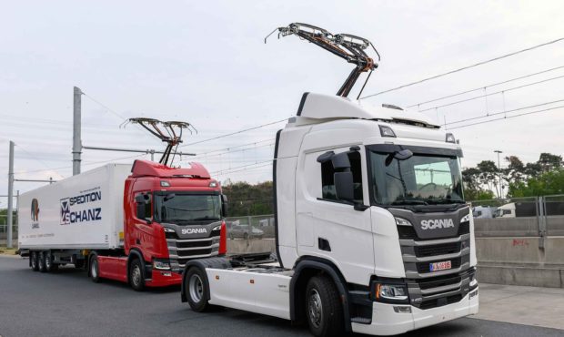 Trucks on a section of road used to test the eHighway system in Germany....