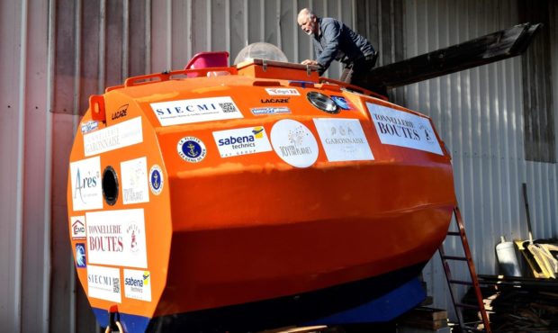 A French man who has spent more than four months floating across the Atlantic Ocean in a giant oran...