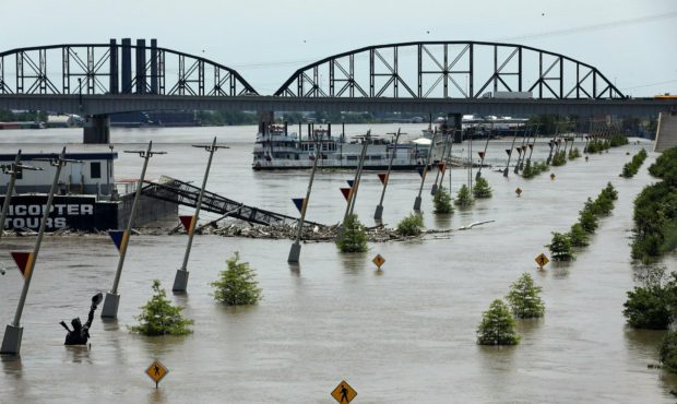 Water from the Mississippi River floods Leonor K. Sullivan Boulevard, Saturday, June 1, 2019, in St...