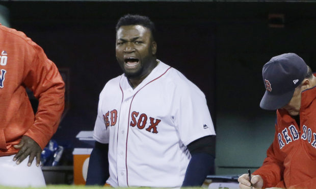 FILE - In this Oct. 10, 2016, file photo, Boston Red Sox designated hitter David Ortiz encourages t...