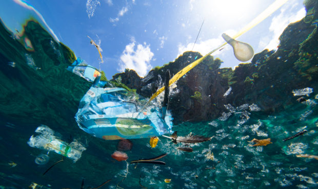 Plastic debris floating on the ocean surface, shot underwater. Photo courtesy of Getty Images....