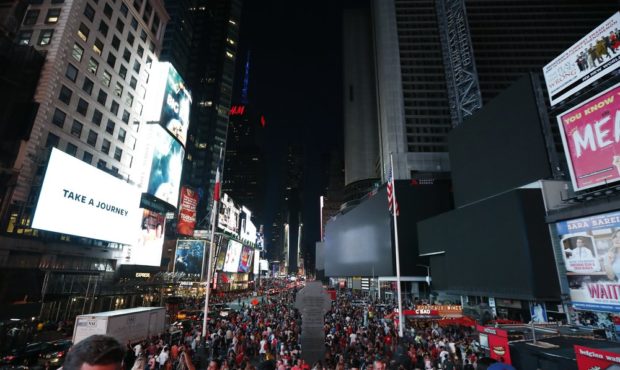Screens in Times Square are black during a power outage, Saturday, July 13, 2019, in New York. Auth...