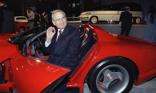 FILE - In this March 28, 1990, file photo, Chrysler Corporation Chairman Lee Iacocca sits in a 1990...