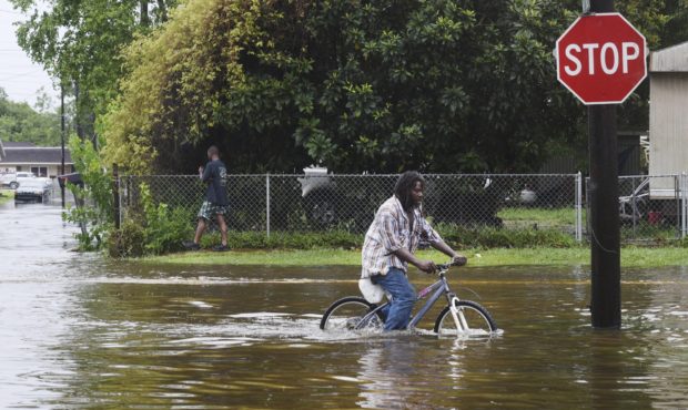A man tries to bike through the flooding from the rains of storm Barry on LA Hwy 675 in New Iberia,...