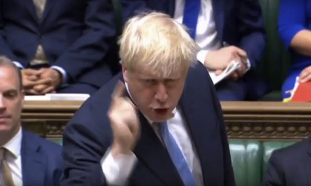 In this grab taken from video, Britain's newly appointed Prime Minister Boris Johnson issues a stat...