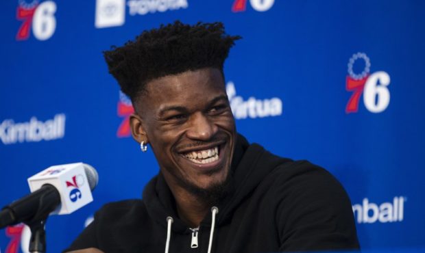 FILE - In this Nov. 13, 2018 file photo Philadelphia 76ers' Jimmy Butler speaks with members of the...
