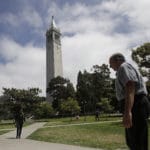 People walk along paths on the University of California at Berkeley campus in front of Sather Tower, also known as the Campanile, in Berkeley, Calif., Thursday, July 18, 2019. Soon students in Berkeley will have to pledge to "collegiate Greek system residences" instead of sororities or fraternities and city workers will have to refer to manholes as "maintenance holes." Berkeley leaders voted unanimously this week to replace about 40 gender-specific words in the city code with gender-neutral terms. (AP Photo/Jeff Chiu)