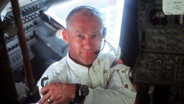 This July 20, 1969 photo made available by NASA shows pilot Edwin "Buzz" Aldrin in the Apollo 11 Lu...