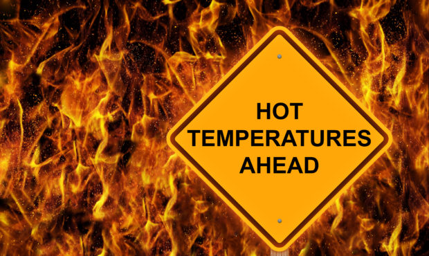 Hot Temperatures Ahead Warning Sign With Flaming Background. Photo courtesy of Getty Images....