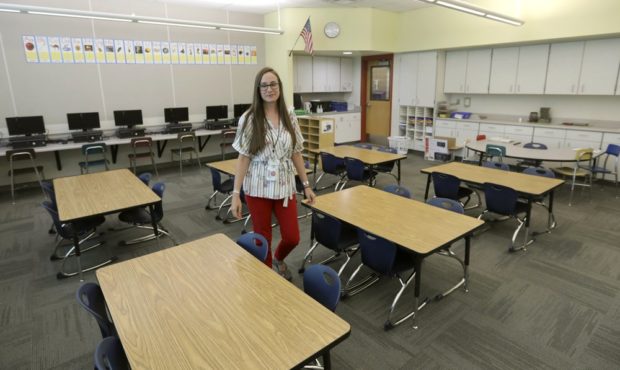 First-grade teacher Hillary Madrigal is photographed in her classroom Thursday, Aug. 22, 2019, in S...